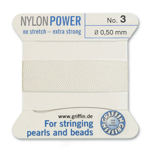 White Griffin Nylon Size 3 Needle End Bead Cord (40 Pcs) #BCNWH03G