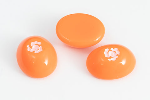 Vintage 8mm x 10mm Orange Oval Cabochon with White Flower (2 Pcs) #XS46-A-3
