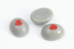 Vintage 8mm x 10mm Gray Oval Cabochon with Red Flower (2 Pcs) #XS46-B-5
